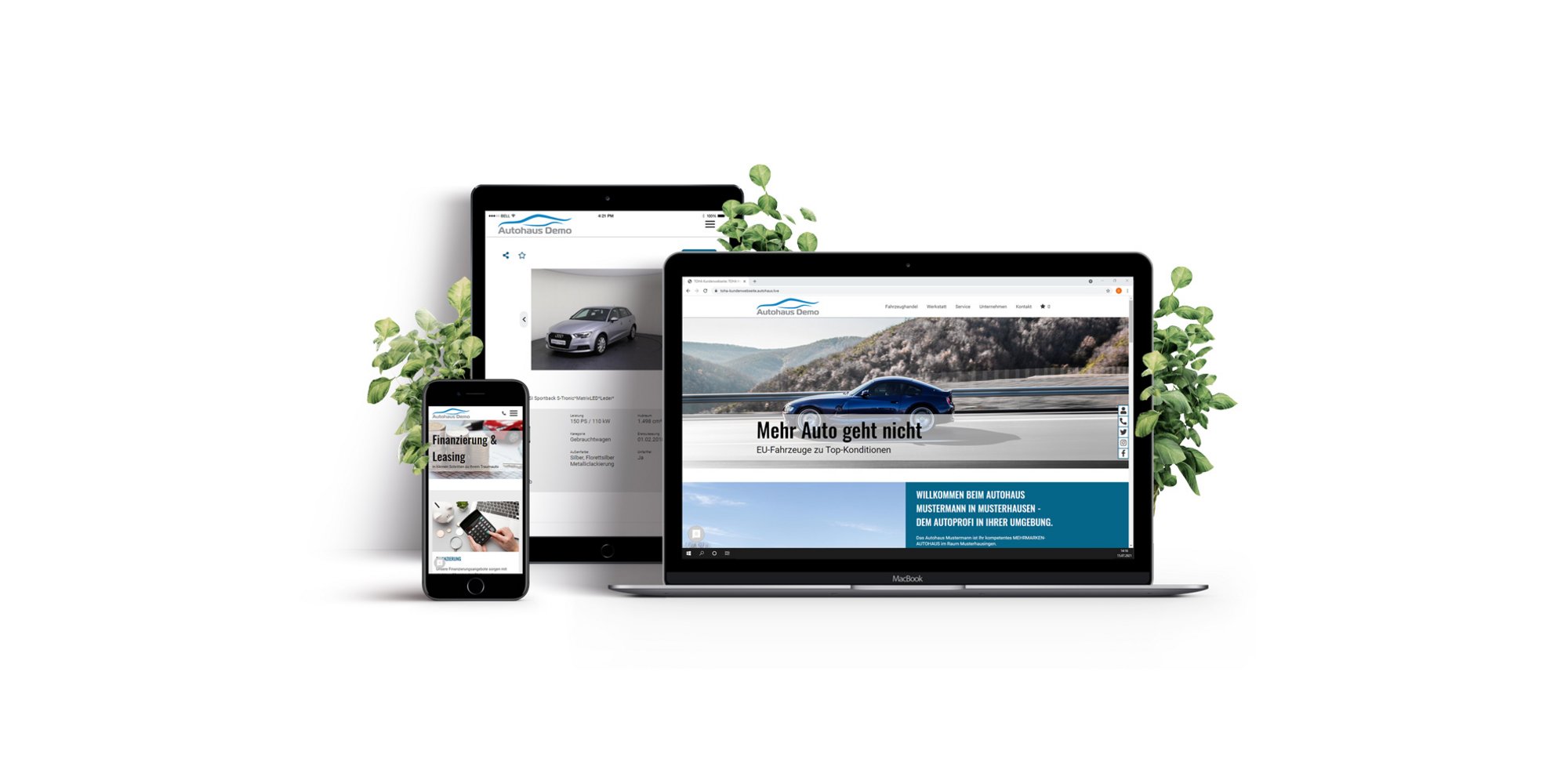 Das Bild zeigt eine Autohaus-Website auf verschiedenen Geräten wie Smartphone, Tablet und Laptop.